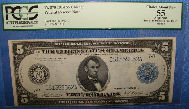 1914 $5.00 Federal Reserve Note Chicago Front in Sandwich, MA