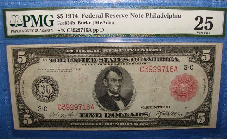 1914 $5.00 Federal Reserve Note Philadelphia - Red Seal Front In Sandwich, MA